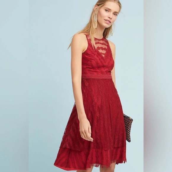 Moulinette Soeurs Anthropologie "NEW" Burgundy Tango Lace Midi Dress Size 2 - Picture 1 of 11